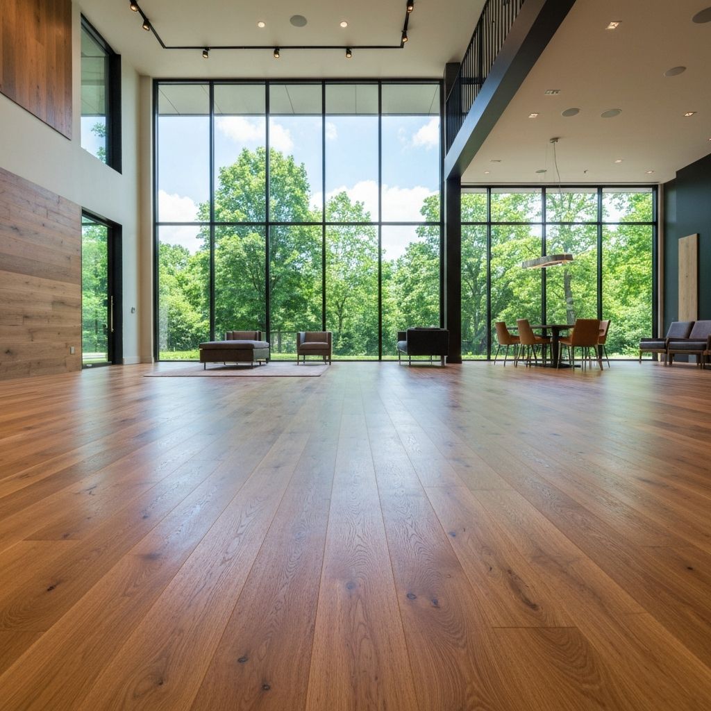 Showroom de pisos de madeira de luxo com iluminação natural